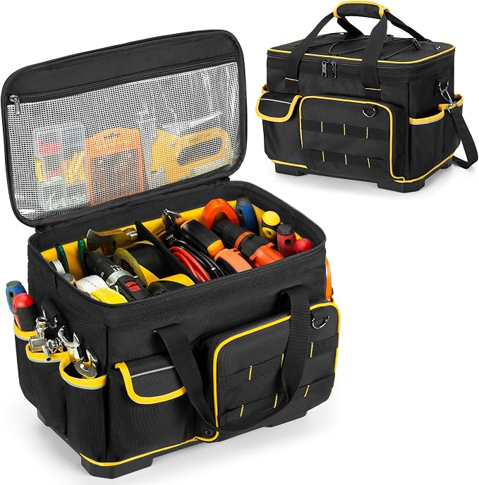 Marscamd 16-inch Tool Bag with Hard Bottom and a Detachable Divider, Heavy Duty Tool Tote with Multiple Pockets, Black