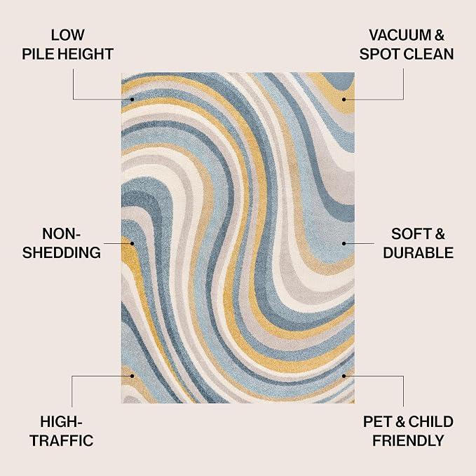 JONATHAN Y Flow Abstract Swirl Indoor Area Rug 8x10, Blue/Mustard/Gray, Modern, Coastal, Easy-Cleaning for Living Room, Bedroom, Kitchen, Pet Friendly, Non-Shedding (DZC100C-8)