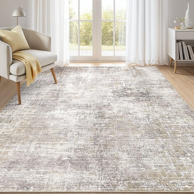 kakania Abstract 5x7 Area Rugs for Living Room: Washable Rugs Brown Gold | Soft, Non-Slip, Low-Pile, Pet & Kid Friendly - Modern Home Decor Carpet for Bedroom/Dining Room/Office/Nursery
