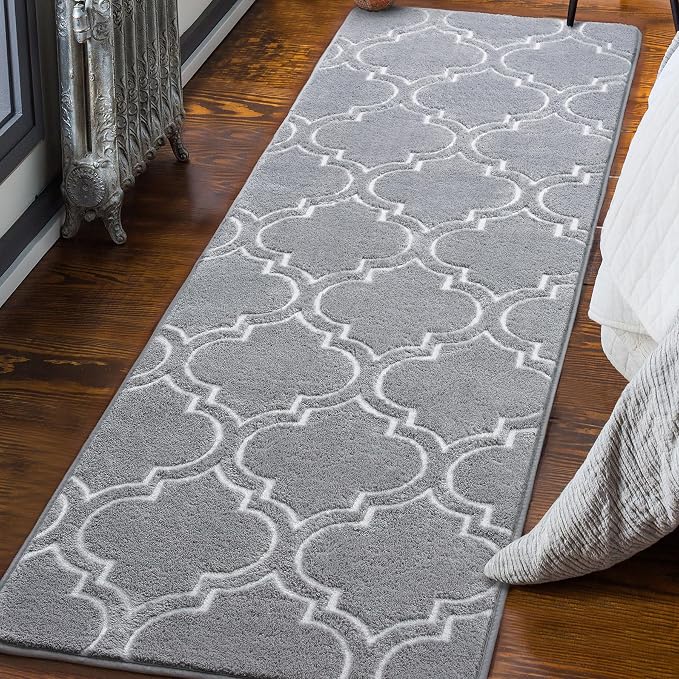 Chicrug 2x6 Shag Geometric Modern Runner Rug for Bedroom Hallway | Memory Foam Indoor Runner Carpet, Fluffy Rug for Living Room Bedside Room for Family, Grey and White