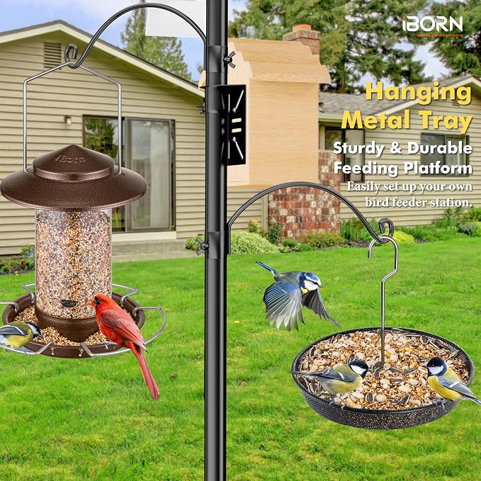 iBorn Hanging Bird Feeder Tray, Metal Mesh Bird Feeder Bowl with Thick Metal Hanger, Sturdy & Durable Bird Feeders for Outdoors, Easy to Refill & Clean, Pack of 1, Black