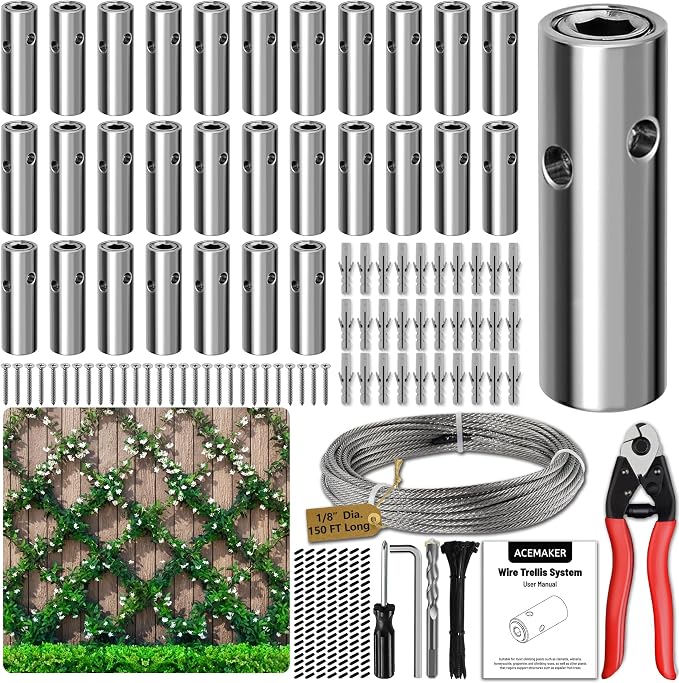 Wire Trellis for Climbing Plants Outdoor, 30-Set Wall Wire Trellis Kit with 1/8in x 150ft Stainless Steel Cable & Cutter, T316 Cylindrical Espalier System for Fence and Garden DIY Projects