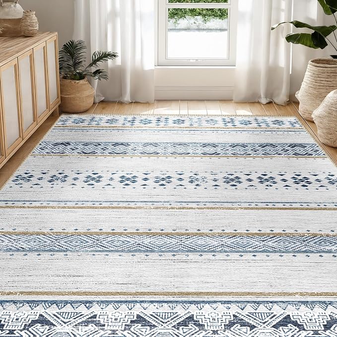 5x7 Area Rugs for Living Room Washable Moroccan Farmhouse Neutral Geometric Low Pile Non-Slip Soft Print Pattern Rug for Bedroom Kitchen Dining Room Entryway Blue/Brown | Vacuum Friendly, Machine Washable, Non-Slip Rug, Stain Resistant, Moroccan Geomet...