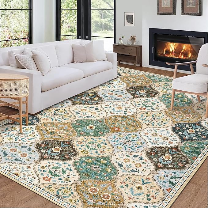 ROYHOME Machine Washable Rug Trellis Distressed Non-Slip Area Rugs | Stain Resistant Floor Carpet Vintage Floral Accent Rug Farmhouse Floor Cover for Dining Room Bedroom, Beige/Taupe, 4' x 6'