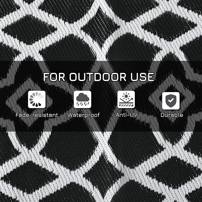 Outsunny Outdoor Rug for Patio, 9' x 18' Waterproof Large Mat, Reversible Plastic Straw Rug for Decor, Portable Outside RV Camping Area Carpet Mat for Backyard Porch Deck Picnic, Black & White Clover