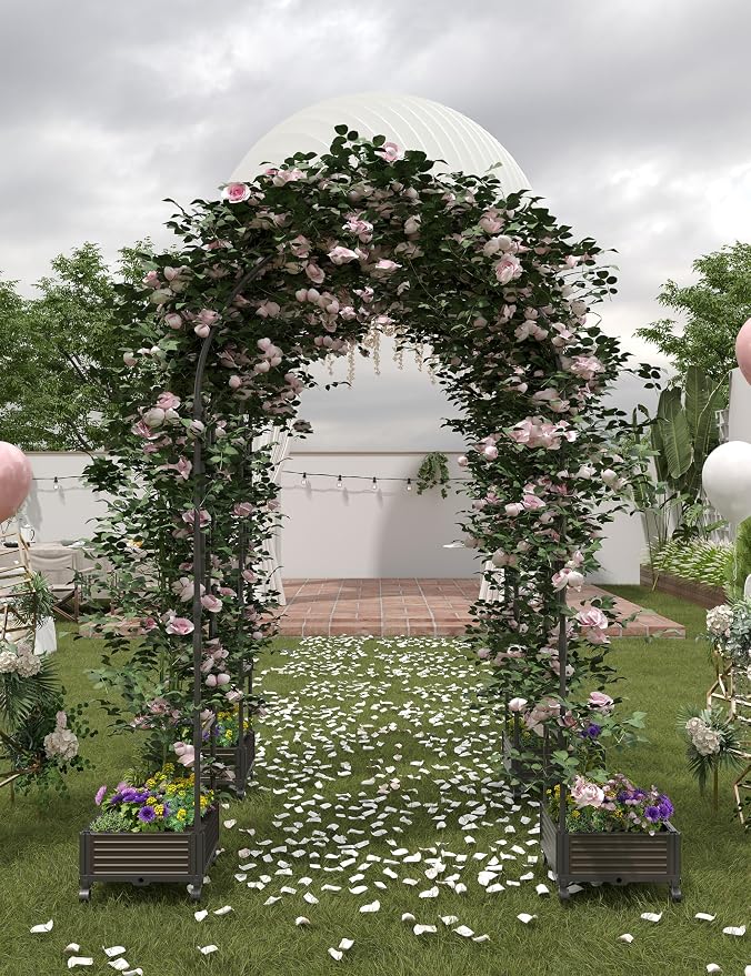 47 in Tall Garden Arch Trellis for Climbing Plants – Metal Wedding Arch with Planter Box, Flower Frame Backdrop Stand – Rustproof Arbor for Wedding, Party, Balloon Decor & Outdoor Plant Support