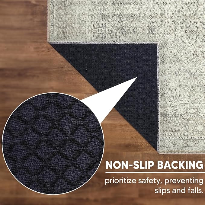 Keen Home Design Vintage Washable Area Rug, Non-Slip Low Pile, 5x7 | Machine Washable Cotton Chenille, 0.25In Low Pile, Rubber Non-Slip Back; Living Room, Bedroom, Dining Room, Office