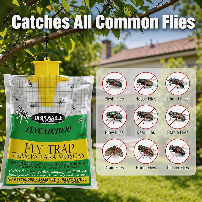 Fly Traps Outdoor Hanging, Natural Pre-Baited Bug Catcher Bags, Non-Toxic Flying Insect Killer for Outside Home, Patio, Trash Can, Horse Stables, Farm, Pastures, Backyard & Camping,4 Pack