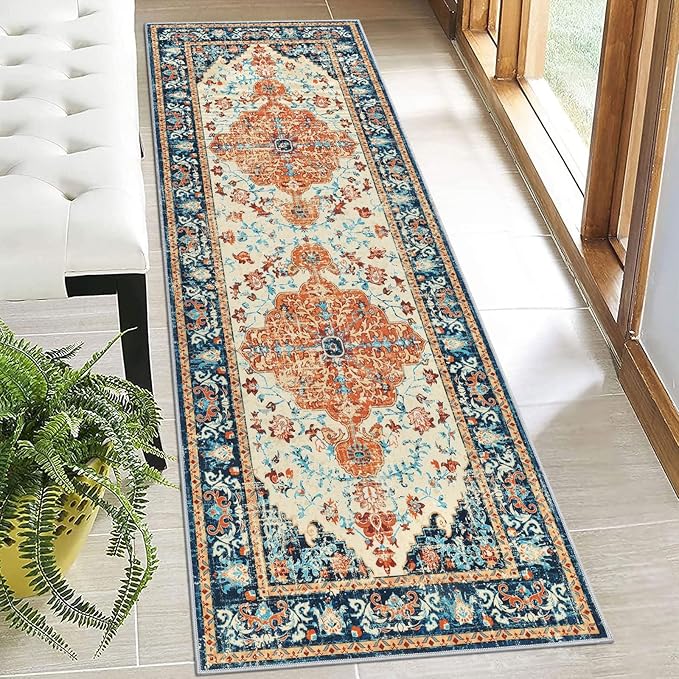 U'Artlines 2' x 6' Boho Hallway Runner Rug, Washable Carpet, Orange/Multi | Non Slip, Vintage Farmhouse Accent Area Rug Carpet, for Kitchen Entryway Laundry and Living Room
