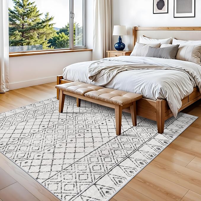 Square 6x6 Moroccan Area Rug:Machine Washable Non Slip Rug Geometric Grey | Low Pile Boho Floor Mat for Living Room Bedroom Game Room - Soft Non-Shedding Rugs for Home Office Decor