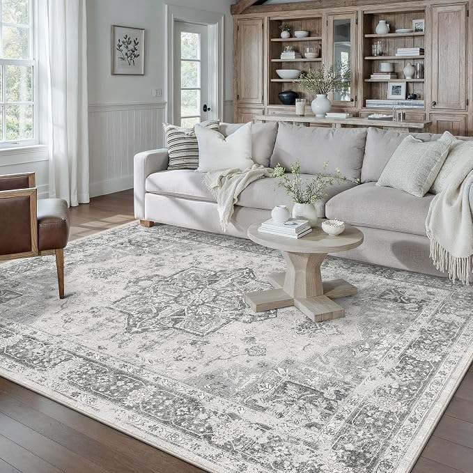 Gray 5x7 Washable Area Rug Living Room Vintage Oriental Carpet | Soft Low Pile, Non Slip, Stain Resistant, Floral Medallion, Retro Indoor Decor for Bedroom, Dining Room, Kids Room, Office