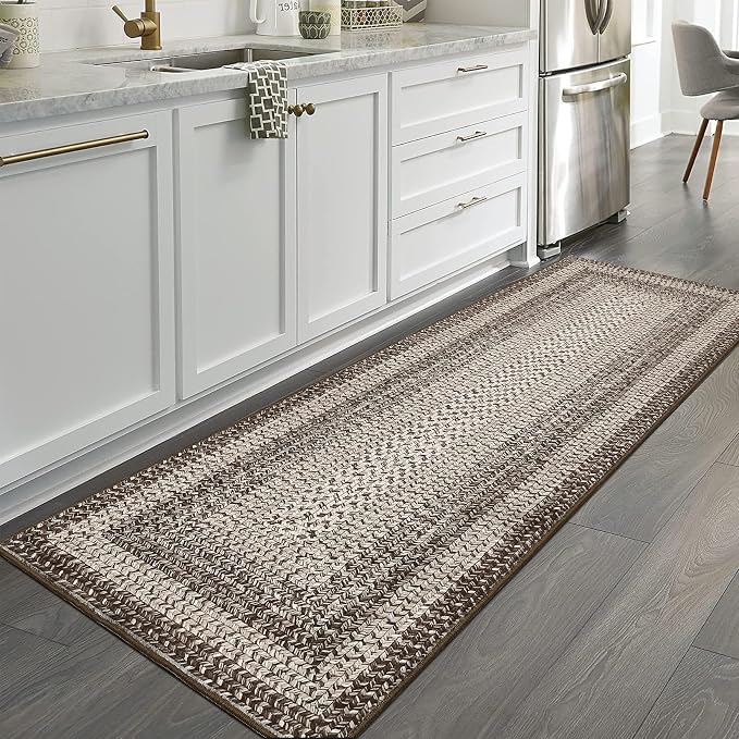 RUGSREAL Washable 2x10 Runner Rug for Hallway Kitchen Modern Runner Rugs | Long Runner Throw Carpet with Rubber Backing, Stain Resistant Braided Printed Entryway Carpet for Bedroom Living Room, Mocha
