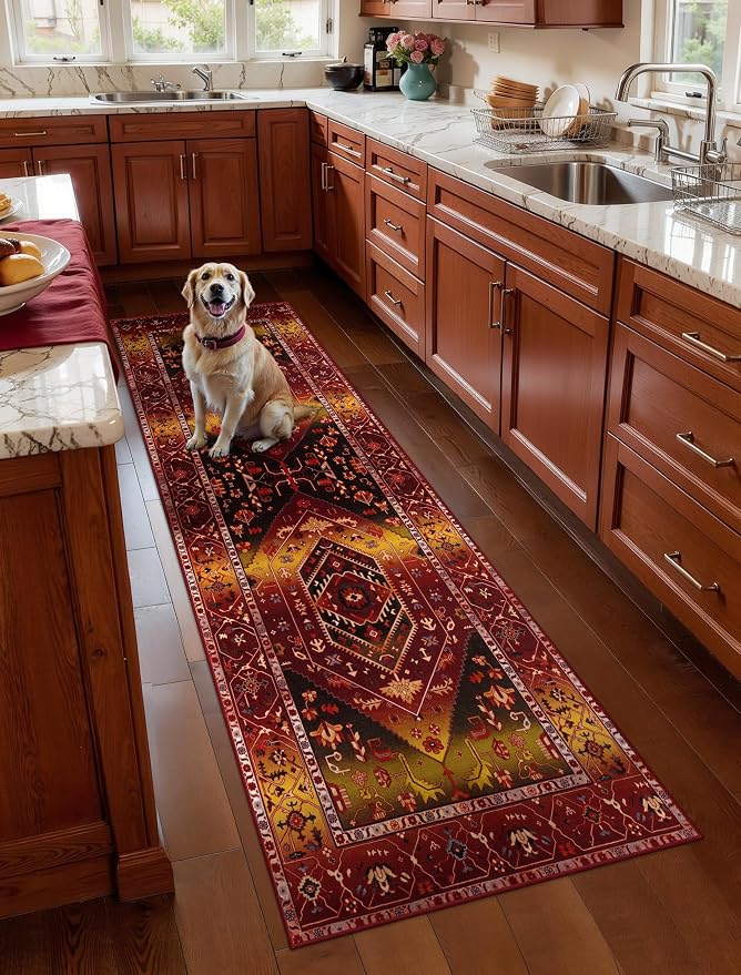 SERISSA 2x6 Washable Non Slip Boho Runner Rug for Hallway | Ultra Soft Vintage Oriental Carpet Low-Pile Rustic Red Gold Floor Carpet for Kitchen Bedroom Bathroom Laundry Living Room