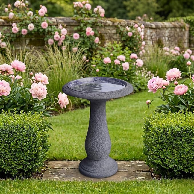 Large Bird Bath for Outside 23 Inch Weathered White - Stone-Resin Composite Pedestal Birdbath Bowl - Standing Outdoor Garden Decor for Front Porch Patio Yard Backyard Lawn Ornament