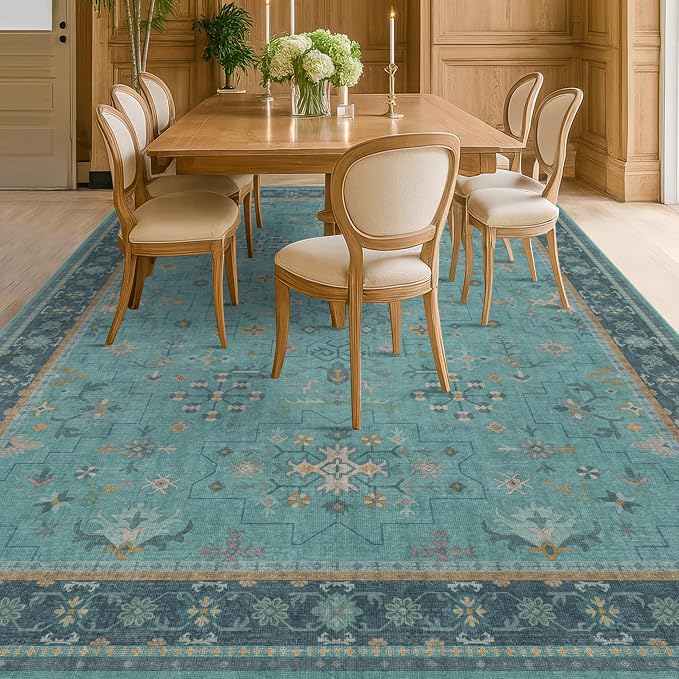 Boho 9x12 Large Teal Green Washable Living Room Rug - Vibrant Turquoise Rug for Bedroom Under Bed, Dining Room Under Table, Geometric Floral Low Pile & Soft Stain Resistant Carpet