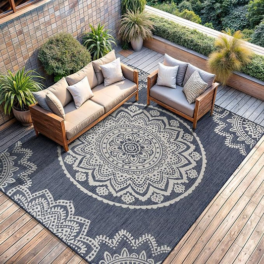 CAMILSON Outdoor Rug 6x9 Modern Area Rugs for Indoor and Outdoor Patios and Porches - Waterproof, Washable, Non-Shedding, Easy-to-Clean Outside Carpet (6 x 9, Medallion - Blue/White)