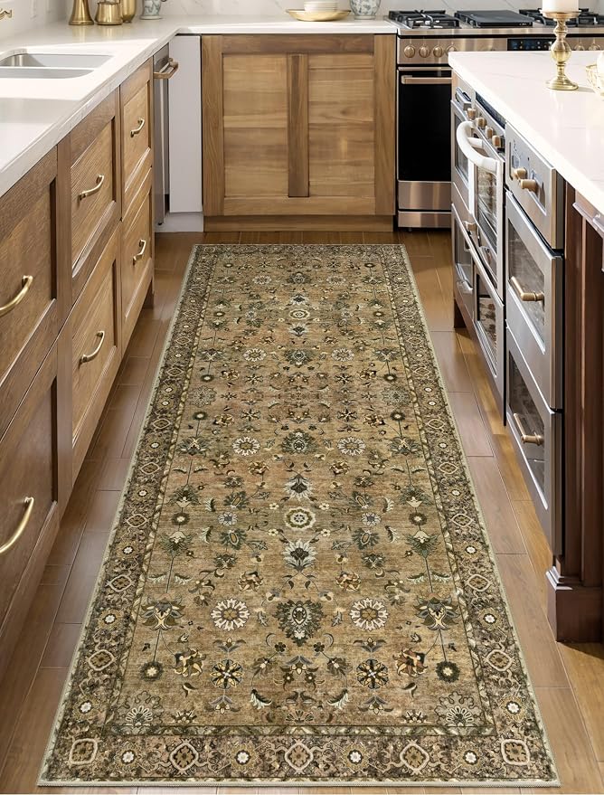 Brown 2x6 Washable Runner Rugs for Hallway, Vintage Non Slip Rug Runners | Oriental Soft Low Pile Rug, Farmhouse Print Carpet Boho Hallway Runners for Kitchen Bedroom Entryway Bathroom Home Decor