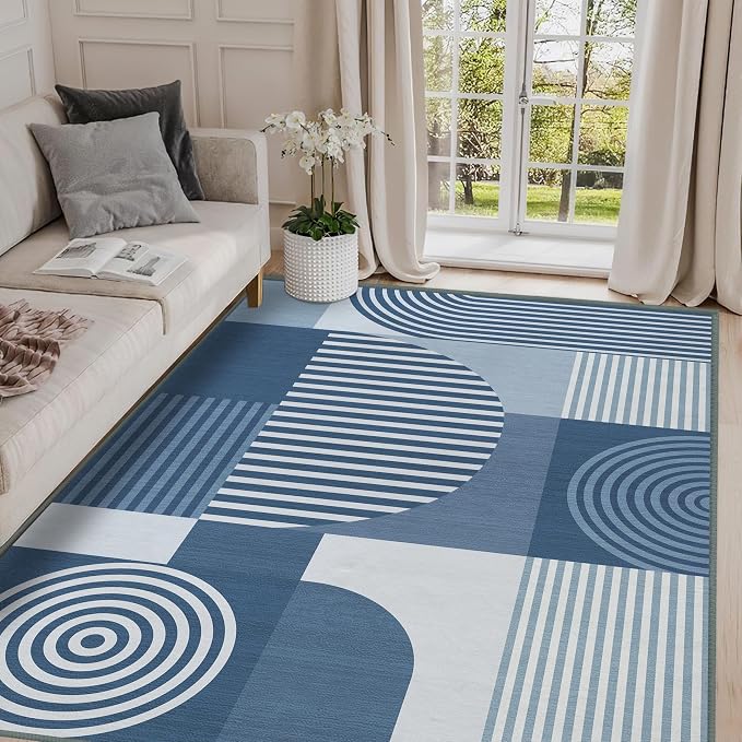 Blue Geometric Area Rug 4x6 for Living Room Rug Machine Washable Minimalist Line Mid Century Modern Rugs Non Slip Low Pile Indoor Floor Carpet for Bedroom Dining Room Laundry Office,Blue