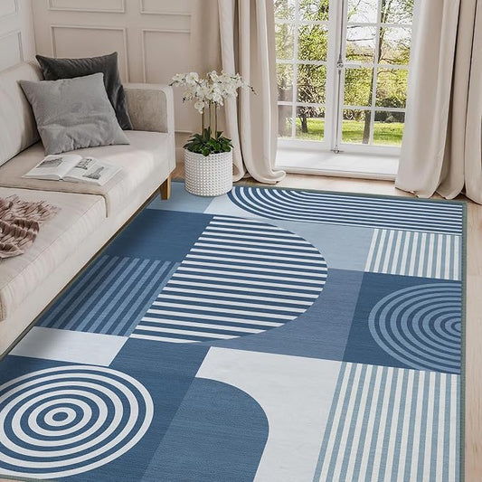 Blue Geometric Area Rug 4x6 for Living Room Rug Machine Washable Minimalist Line Mid Century Modern Rugs Non Slip Low Pile Indoor Floor Carpet for Bedroom Dining Room Laundry Office,Blue