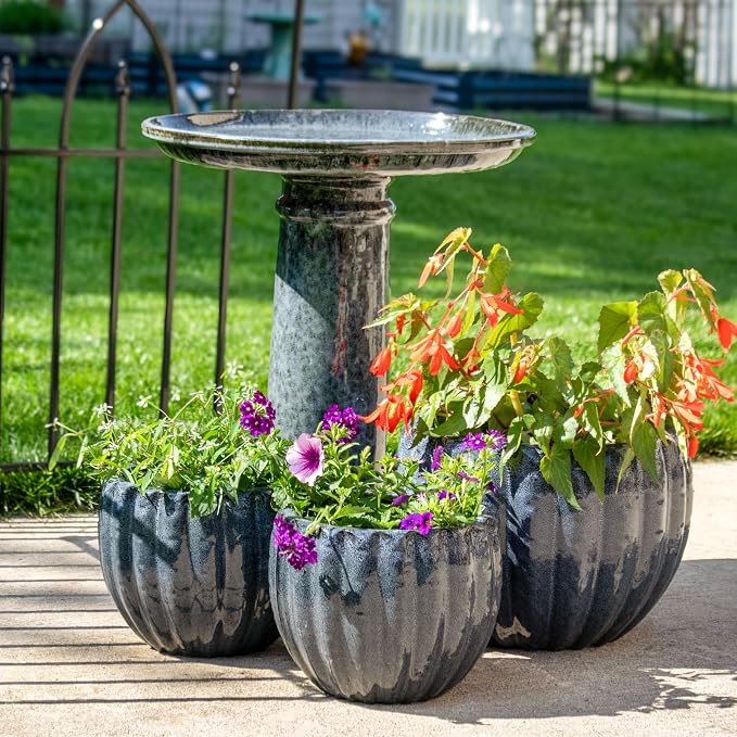 Sunnydaze Toulon Outdoor Ceramic Bird Bath - 24.5" H - UV- and Frost-Resistant - Glazed Bowl - Black Mist Glaze