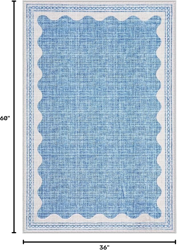 GarveeHome Scalloped 3x5 Area Rug Washable Non-Slip Low-Pile Indoor Rugs for Entryway Solid Blue Modern Minimalism Carpet for Bedroom Living Room Kitchen Bathroom Door Mat