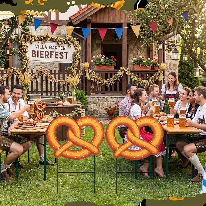 Amyhill 2 Pcs Oktoberfest Pretzel Yard Sign Stakes, 25 Inch Metal Beer Festival Outdoor Decor, German Bavarian Party Yard Signs, Oktoberfest Themed Patio Lawn Walkway Decorative Garden Stakes