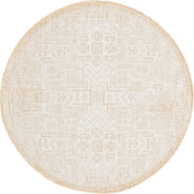 Unique Loom Outdoor Aztec Collection Area Rug - Coba (4' 1" Round, Natural/ Ivory)