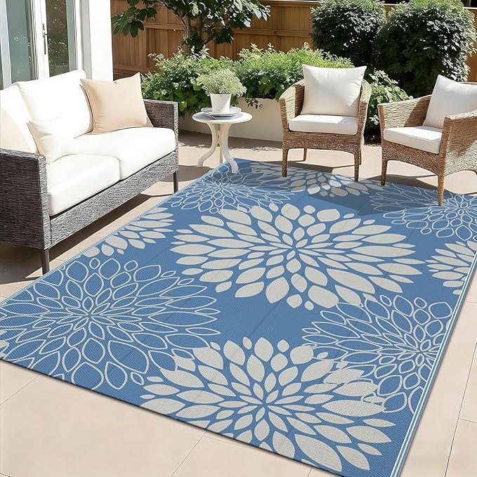 Ileading Waterproof Outdoor Rug 5x8, Reversible Plastic Straw Patio Rug, Portable Indoor Outdoor RV Camping Mat Carpet for Deck, Porch, Balcony, Backyard, Picnic, Floral Dusty Blue