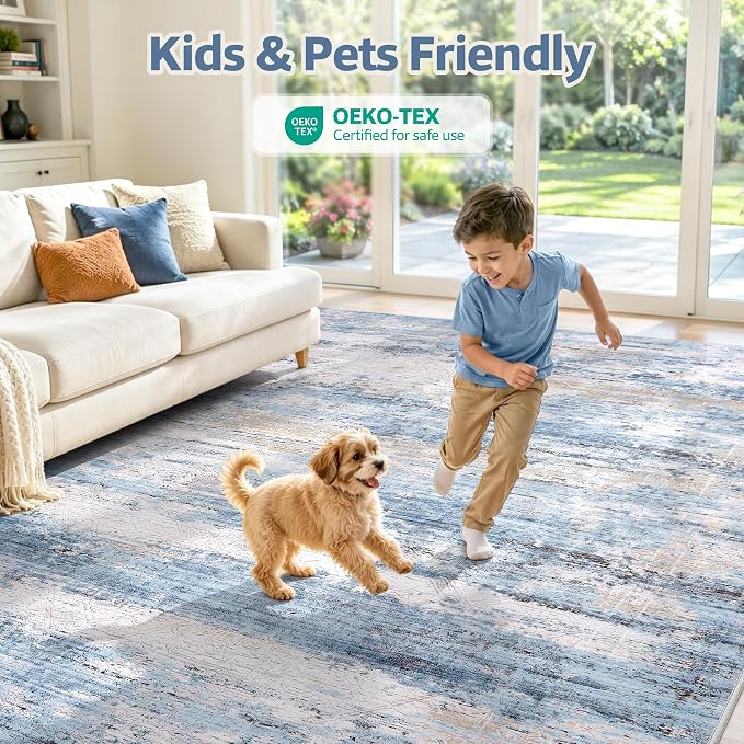 8x10 Washable Area Rug Modern Abstract for Living Room Bedroom Blue | Soft Indoor Carpet,Anti-skid Backing,Water Repellent,Non-shedding, Suitable for bedroom dining farmhouse nursery home office