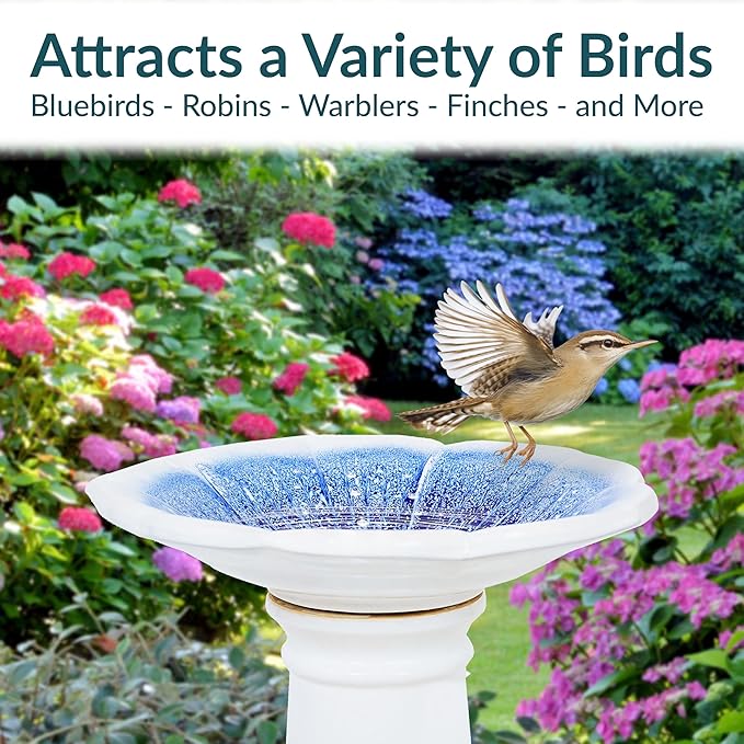 Sunnydaze Misty Blossom Ceramic Bird Bath for Outdoors - 23" H - UV-/ Frost-Resistant - Antique Bird Bath for Garden with White Pedestal/Blue Bowl
