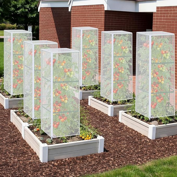 6 Pack Tomato Cage Covers, 18" x 60" Fine Mesh Plant Covers with Zipper & Drawstring, Reusable Garden Netting Protector Against Birds, Insects & Animals for Tomatoes, Peppers, Cucumbers