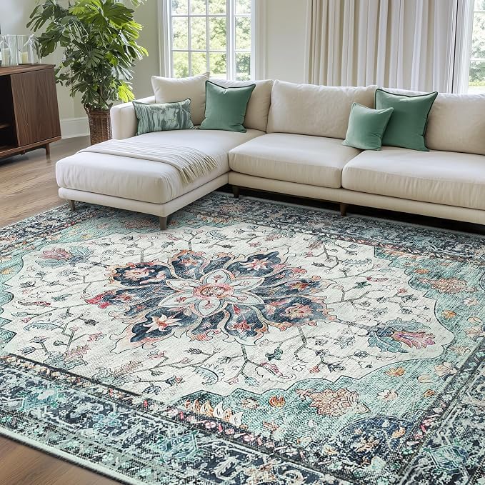 RELEANY Washable Area Rug, 8'x10', Teal Green/White/Navy | Non-Slip, Water Repellent, Pet Friendly, Easy to Clean, Vintage Floral Boho Decor for Living Room Bedroom Dining Room