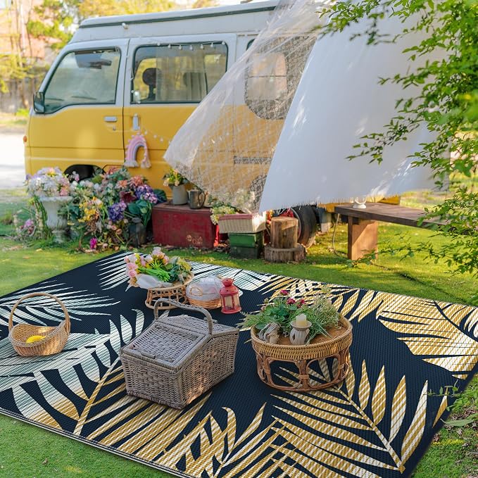 GENIMO Outdoor Rug 6' x 9' Waterproof for Patios Clearance, Reversible Outdoor Plastic Straw Camping Rug Carpet, Large Area Rugs Mats for RV, Camper, Deck, Balcony, Porch, Beach, Picnic, Yellow&Blue