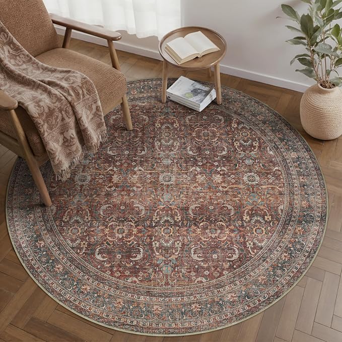 5ft Round Brick Red Vintage Distressed Washable Rug for Living Room | Low Pile, Non Slip, Retro Style, Soft Distressed Round Rug for Living Room, Bedroom, Dining Room, Home Decor