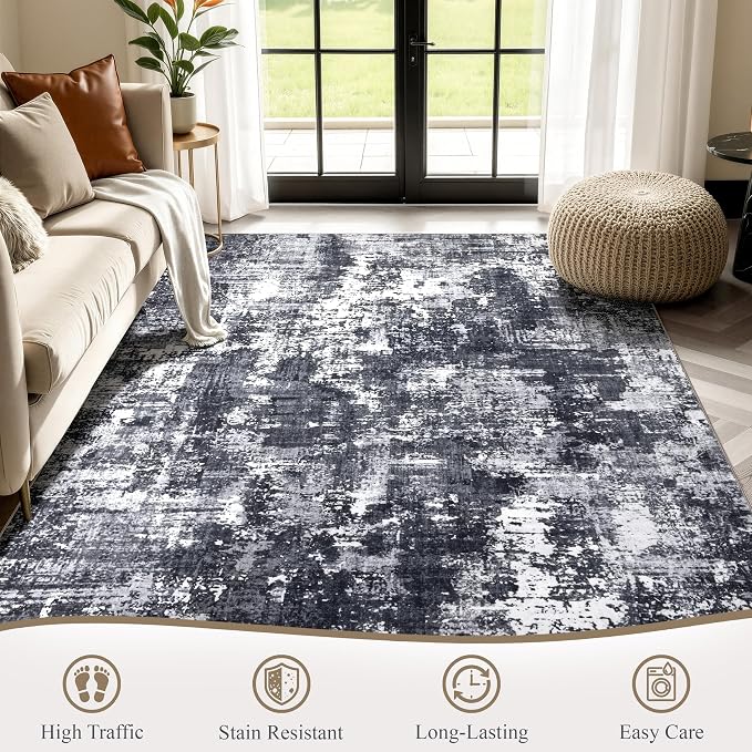 Sasttie 6x9 Washable Area Rug, Modern Abstract Carpet, Black & White | Ultra-Soft Faux Wool, Low Pile, Non-Slip, Lightweight, Thin, for Living Room, Bedroom, Dinning Room & Dorm