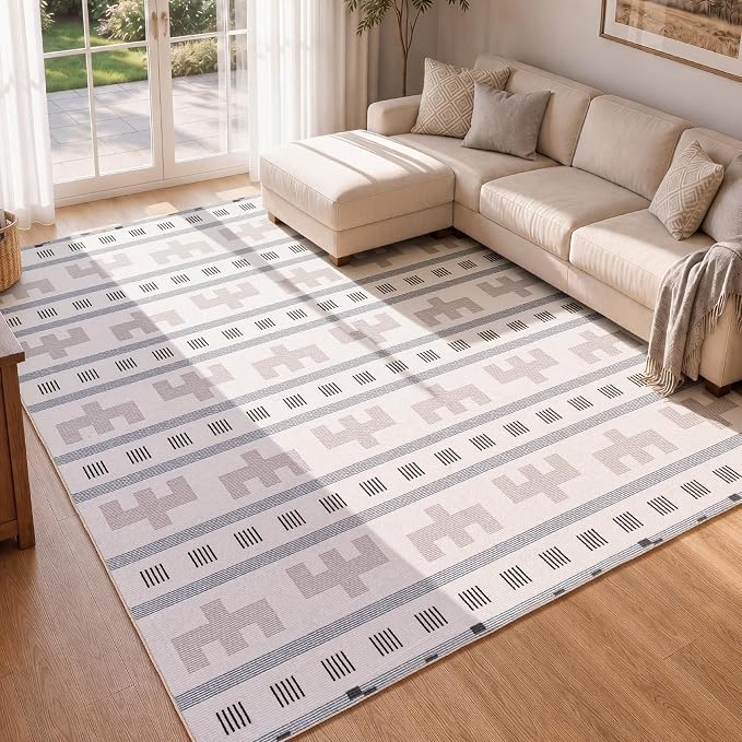 5x7 Washable Area Rug for Living Room, Boho Southwestern, Cream Beige | Tribal Geometric Pattern, Neutral Low Pile Non Slip Rug for Bedroom Dining Room Office, Soft Faux Wool
