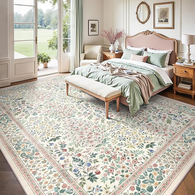 8x10 Area Rugs, Machine Washable Low Pile Floral Rugs for Living Room, Bedroom, Large Boho Area Rug with Non-Slip Backing for Dining Room(Pink Floral)