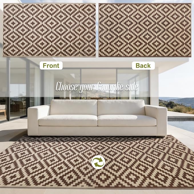 SAND MINE Reversible Mats, Plastic Straw Rug, Modern Area Rug, Large Floor Mat and Rug for Outdoors, RV, Patio, Backyard, Deck, Picnic, Beach, Trailer, Camping (5' x 8', Brown & Beige)