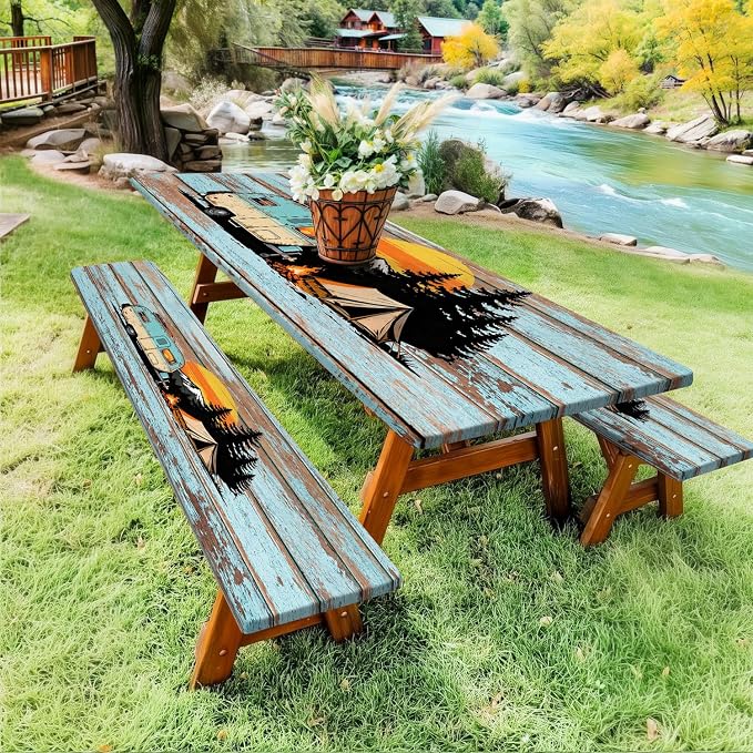Picnic Table Cover with Bench Covers, 30x60 inch Waterproof Outdoor Camping RV Essentials Fitted Picnic Rectangle Table Cloth, Teal Brown Wood Texture Fitted Picnic Tablecloth with Elastic