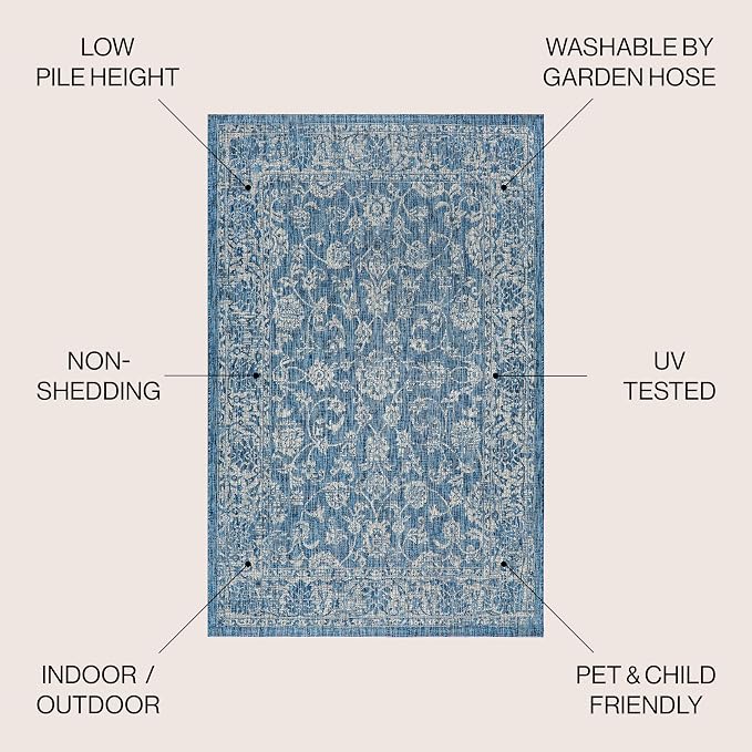 JONATHAN Y Weave Floral Indoor Outdoor Square Area Rug 4X4 Navy/Gray, Tela Bohemian Textured for Backyard, Patio, Porch, Easy-Cleaning, High Traffic, Pet-Friendly, Non-Shedding (SMB100B-4SQ)