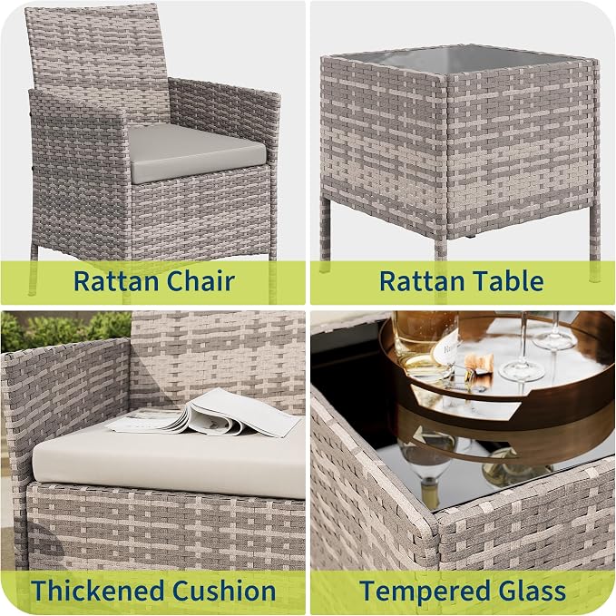 3-Piece Outdoor Furniture Set, PE Rattan Wicker Chairs with Soft Cushions & Tempered Glass Coffee Table - All-Weather Patio Set for Garden, Backyard, Porch, Poolside (Gray/Light Gray)