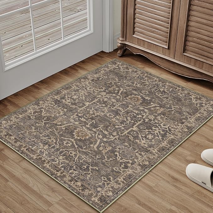 2x3 Brown Vintage Floral Washable Area Rug for Entryway | Low Pile, Non Slip, Retro Style, Soft Distressed Indoor Rug for Bedroom, Dining Room, Kitchen, Entrance, Home Decor