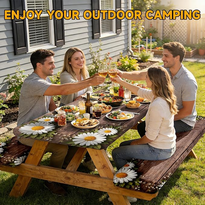 NYZE 3 Pieces Picnic Table Cover with Bench Covers Set, Camping Tablecloth, Tablecloth Cover with Drawstring Bag, Camping Essentials for Outdoor Picnics, Patio, BBQ (Wood Daisy)