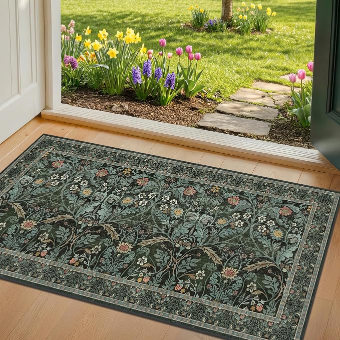 Floral Rug for Entryway Indoor 2x4, Small Soft Washable Carpet for Bedroom Beside Bed, Non Slip Kitchen Area Rugs, Mudroom Decor, Low Pile & Waterproof (Dark Green)
