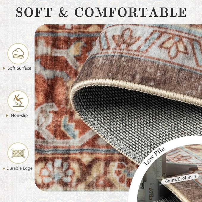 8x10 Area Rugs for Living Room - Washable Vintage Retro Large Rug, Soft Ultra Thin Non Slip Low Pile Distressed Boho Traditional Carpet for Bedroom Dining Room Home Office, Rust Clay
