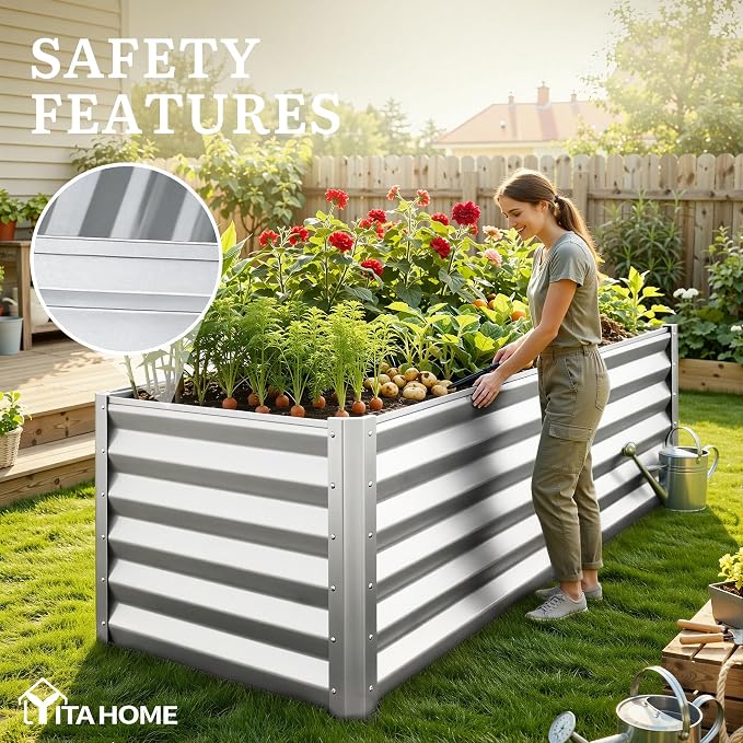 YITAHOME 6x3x3ft Galvanized Raised Garden Bed, Metal Planter Box with Safety Rubber, Gloves, Outdoor Flower Bed for Planting Plants Vegetables, Silver