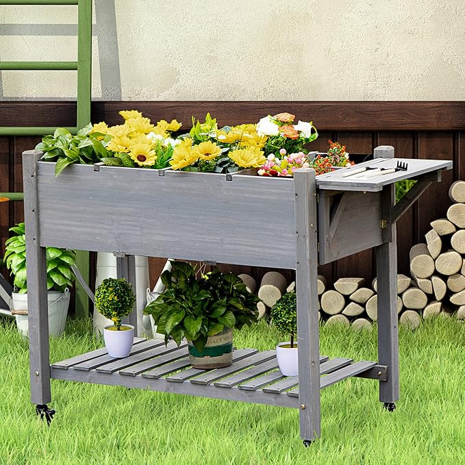 Outsunny Raised Garden Bed with 8 Grow Grids, Wooden Outdoor Plant Box Stand with Folding Side Table and Wheels, 49" x 21" x 34", for Vegetables, Flowers, Herbs, Gray