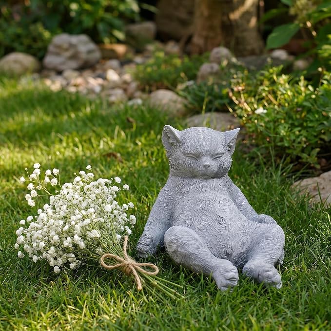 Cat Garden Statue Outdoor Decor, Pet Memorial Stone，Sleeping Cat Statue， Resin Cat Figurine Garden Sculpture Patio Decor,Headstones for Cats or Thoughtful Sympathy Gift,9.8" L x 5.9" W x 6.7" H