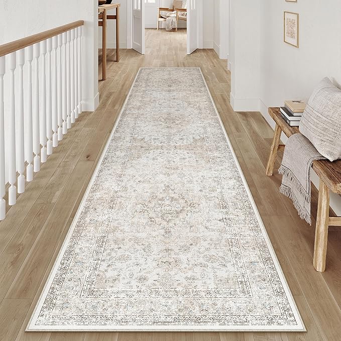 2x10 Washable Runner Rug Beige Grey Non Slip Vintage Carpet | Low Pile, Stain Resistant, Kitchen, Entryway, Hallway, Bathroom, Bedroom, Soft, Thin, Lightweight