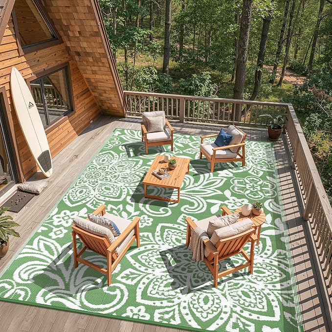 Findosom Waterproof Outdoor Rug 8' x 10' - Reversible Mandala Outdoor Plastic Straw Rug, Durable Foldable Patio Rug for RV, Deck, Balcony, Backyard, Picnic, Porch, Camping, Beach, Green